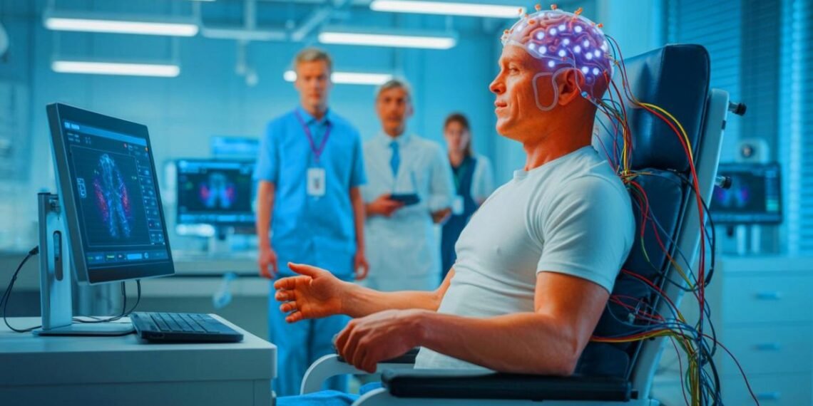 Illustration of a brain-computer interface enabling real-time communication for paralyzed patients. Image generated by AI.