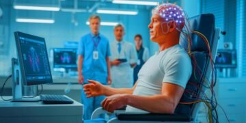 Illustration of a brain-computer interface enabling real-time communication for paralyzed patients. Image generated by AI.